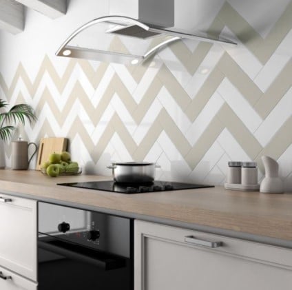 Bare Gray Glossy, Bare White Glossy White Body Ceramic Tile in a Chevron Pattern from Arizona Tile