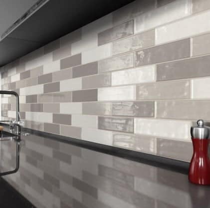 Concerto Glossy Glazed Porcelain Subway Tile Kitchen Backsplash in Clay, Greige, and Pearl from Arizona Tile