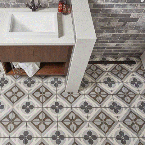 Castle Brick Grey Porcelain Bathroom Wall and Cementine Black & White Porcelain Tile Floor from Arizona Tile