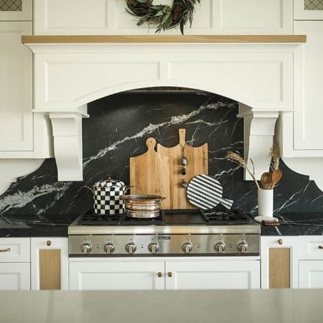 Negro Marquina Marble Kitchen Backsplash from Arizona Tile quarried from bedrock quarry in the Basque Country located in the western Pyrenees on the border between France and Spain