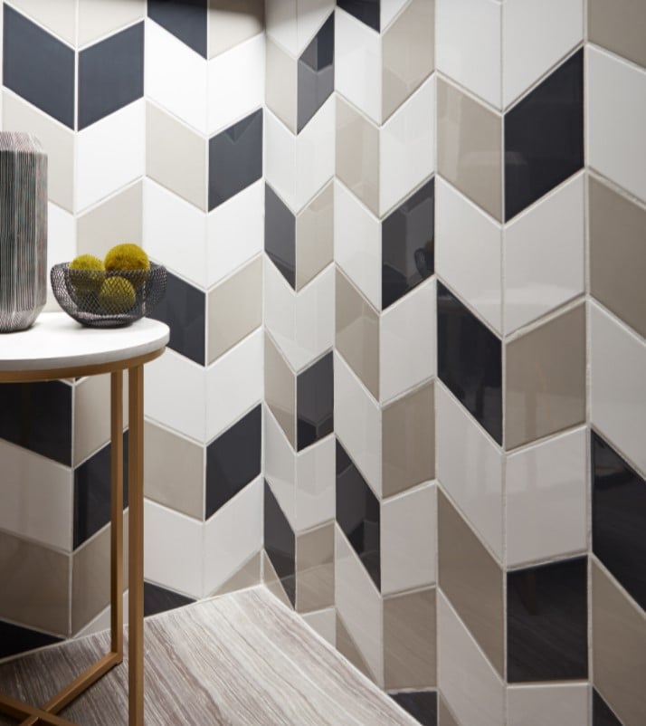 Paloma Glossy Steel, Cotton Glossy, & Paloma Pumice Glossy Rhomboid Ceramic Wall Tile from Arizona Tile