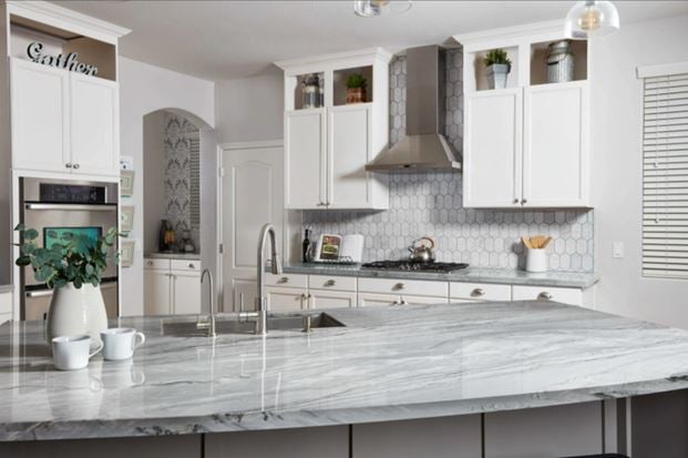 Artemis Quartzite Kitchen Countertop and CS-Bianco Venatino Lotus Kitchen Tile Backsplash from Arizona Tile