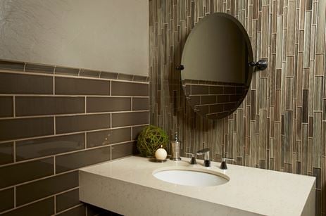 H-Line Café Chair Rail Tile Edging on H-Line Café Subway Tile with Strata Umber Glass and Rodi Quartz Bathroom Countertop from Arizona Tile