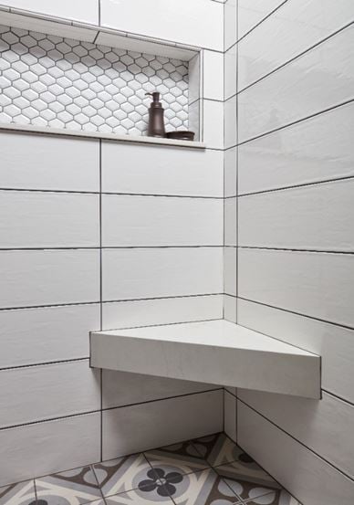 White Bullnose Pencil Tile Edging on White New Carrara Quartz With Cementine Retro Floor Tile From Arizona Tile