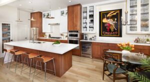 Seating area and newly remodeled kitchen using Arizona Tile - Dena Thomas Designs