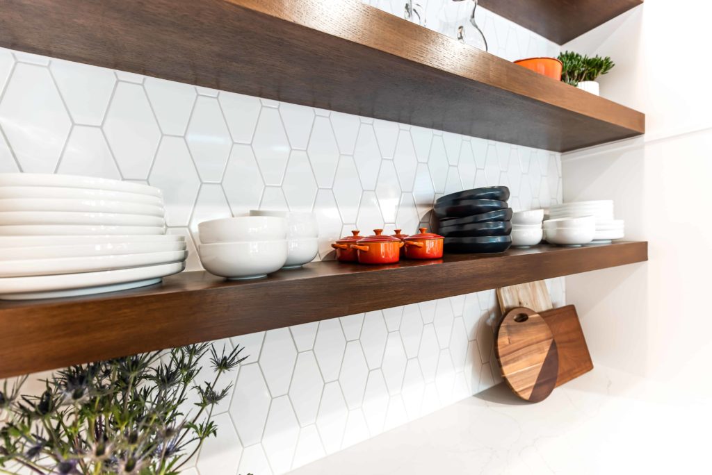 Kithchen shelves and paloma cotton tile backslash - Wamhoff Design Build using Arizona Tile