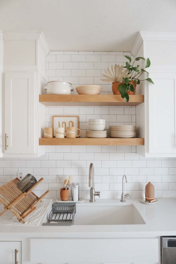 Kitchen sink, cupboards, shelves, and backsplash - Jessica from The Orange Home using Arizona Tile