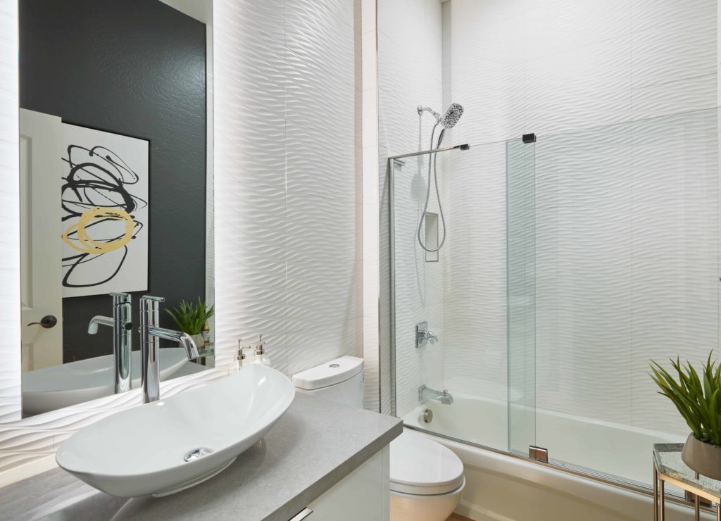 Powder Room with shower and 3D twist ceramic wall tile - Dena Thomas Designs using Arizona Tile