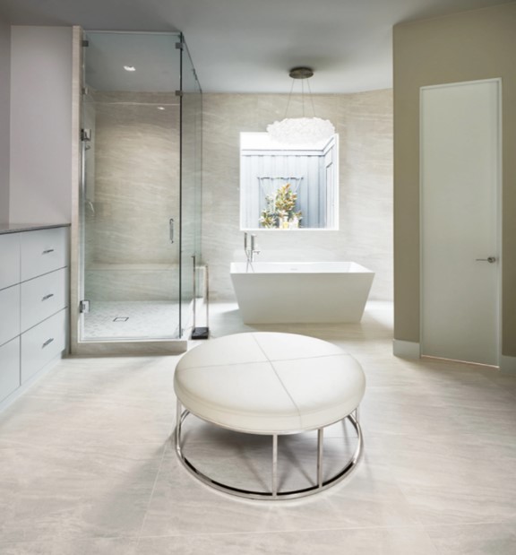 Cosmic White 24” x 48” Porcelain Master Bathroom Floor and Wall Tile from Arizona Tile