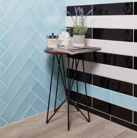 Gioia Sky Chevron Pattern; Gioia Milk, Lava, Sky; and Aequa Porcelain Bathroom Tile