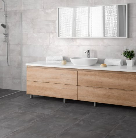 Icon Black 12 x 24 Concrete-Look Porcelain Bathroom Floor Tile from Arizona Tile