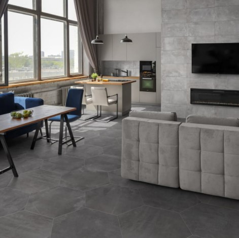 Icon Black Hex 20 x 24 Concrete-Look Porcelain Open Concept Living Space Floor Tile from Arizona Tile