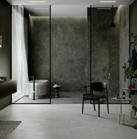 Unica Carbon Large-Format 24” x 48” Porcelain Bathroom Wall and Unica Stone 24” x 48” Floor Tile from Arizona Tile