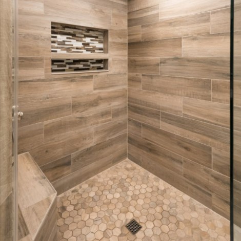 Aequa Tur 8 x 32 Porcelain Shower Wall Tile & Aequa Hex Porcelain Shower Floor Tile from