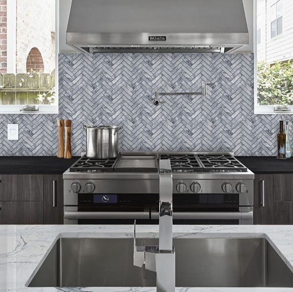 CS-Deep Blue Honed 1” x 4” Herringbone Marble Tile Kitchen Backsplash from Arizona Tile 