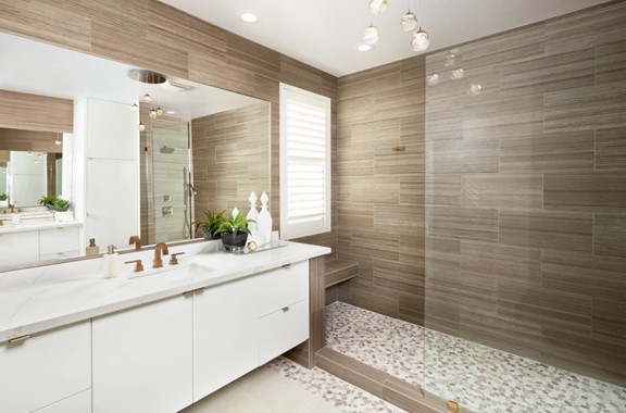 Konkrete Beige Large-Format 24” x 48” Bathroom Floor Tile & Cenere 12” x 24” Bathroom Shower Wall Tile from Arizona Tile