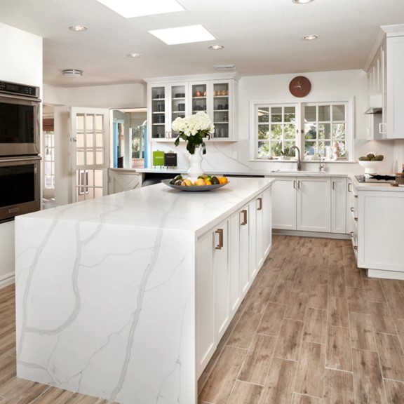 Bertoli Quartz Waterfall Kitchen Island and Countertop from Arizona Tile