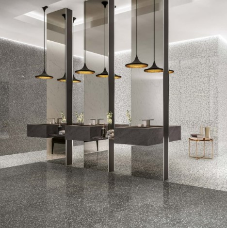 Terrazzo Grey Porcelain Commercial Bathroom Floor Tile from Arizona Tile