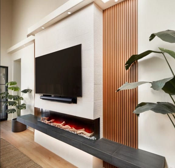 Classic Limestone Combed Living Room Fireplace Surround and Wall from Arizona Tile