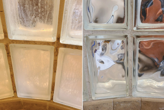 Mineral deposits removed from glass blocks with Beyond Solutions Easy Scrub