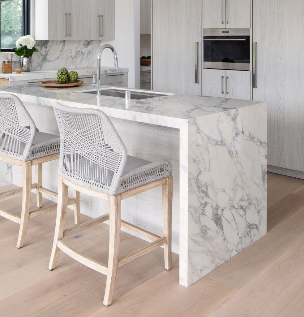 Image: Arabescato Kitchen Island Waterfall Countertop from Arizona Tile